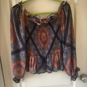Smocked Off-Shoulder Boho Top in Blue print